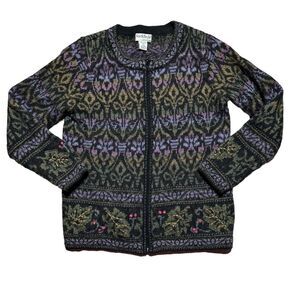 NorthStyle Women's Black Purple Green Wool Blend Zipper Nordic Cardigan Size M